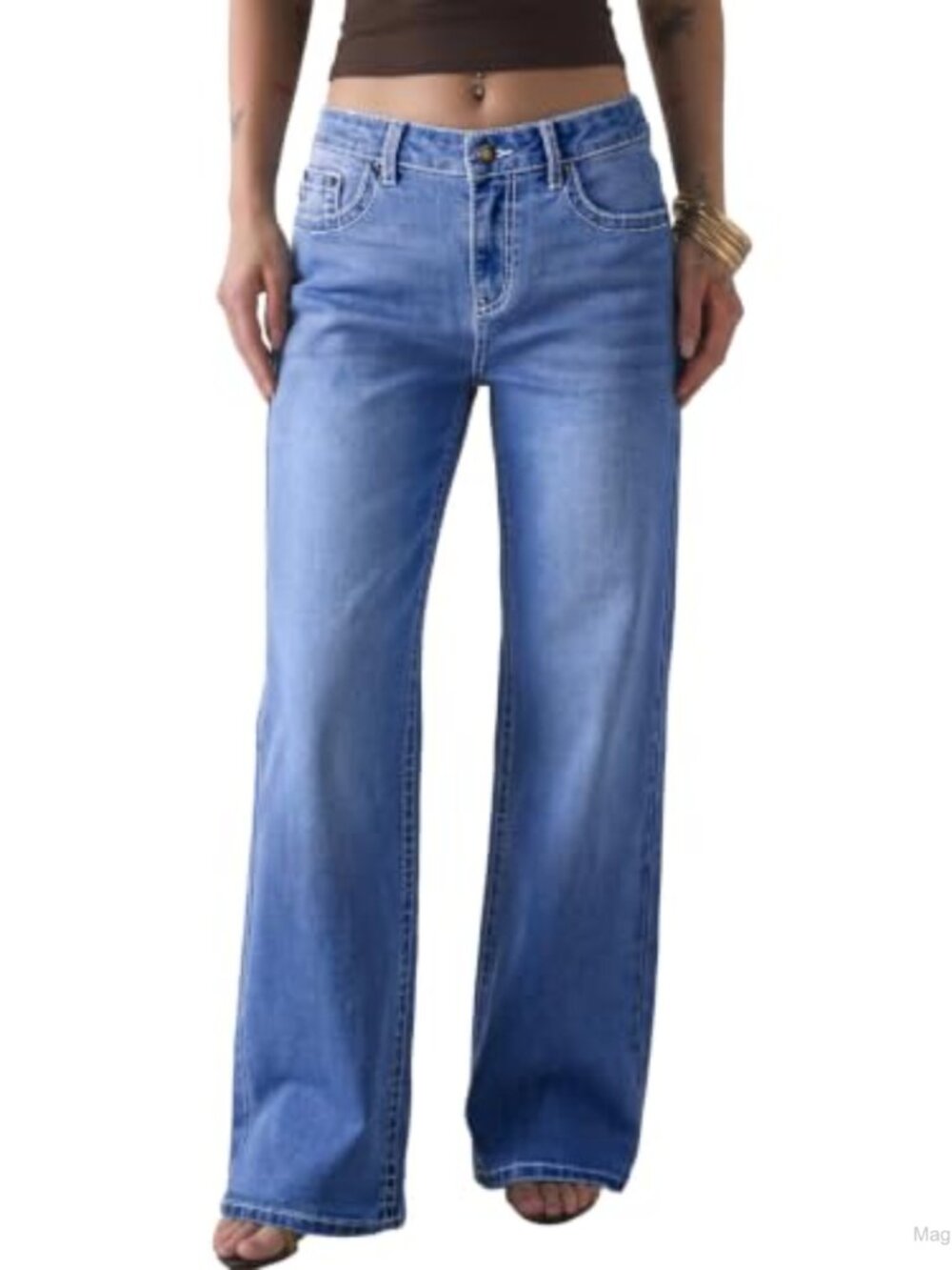 Women's Wide Leg Jeans Mid Rise Stretchy Denim Pants Contrast Stitching